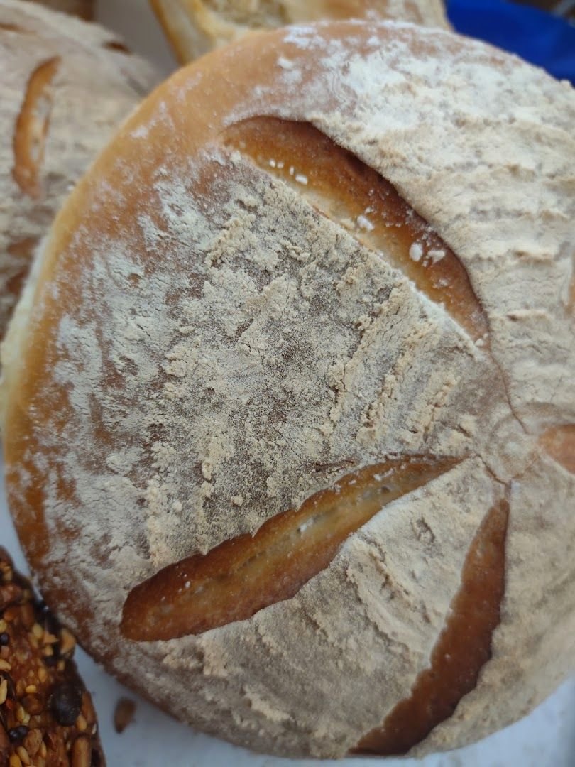 A round loaf with a floured, scored crust